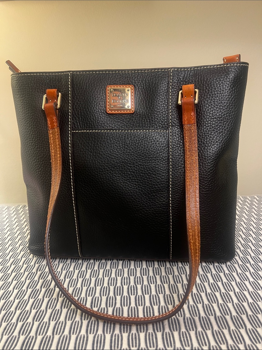 Dooney & Bourke Black Pebbled Leather Tote with Tan Straps